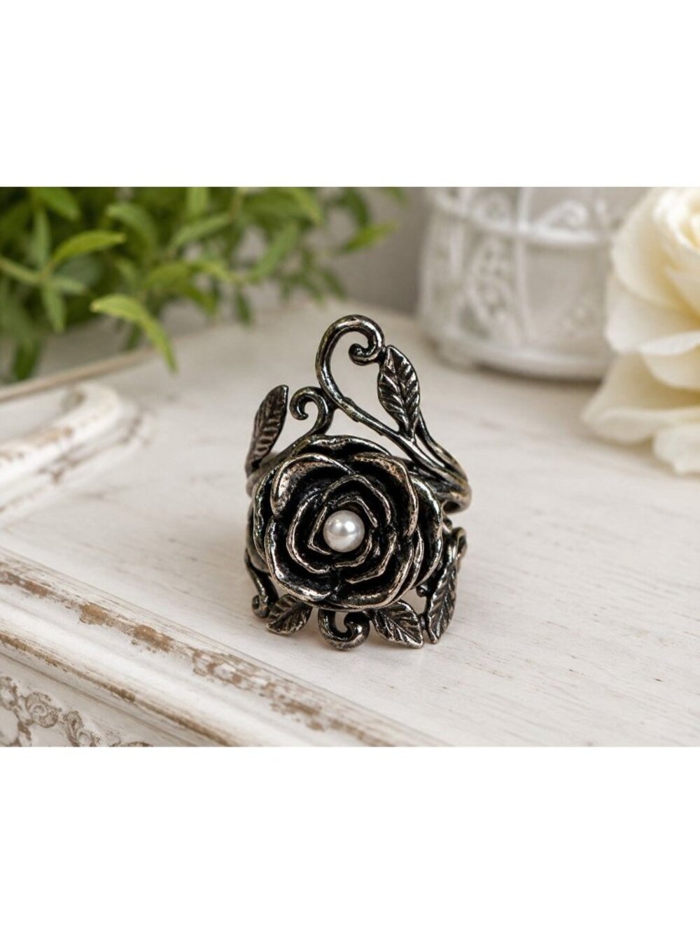 Vintage Israel 925 Sterling Silver Pearl Rose Ring Size 7 Floral Statement